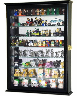 7 Adjustable Shelves Mirror Back Minifigures Display Case Cabinet Miniatures Figurines Wall Shelf w/ 98% UV Protection - Lock