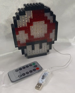 Retro 8-Bit "Power-Up Mushroom" "Faux Stained-Glass" Night Light/ Accent Lamp Made With Genuine MEOW Elements.