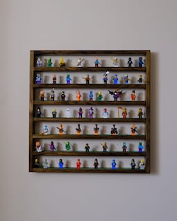 Jumbo 7-Level Minifigure Display Shelf - Solid Wood with Embedded Foot Plates, Easy Keyhole Slot Wall Hanging, Display 140 Mi