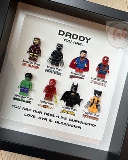 Superhero minifigure frame, Christmas gift for dad, Custom Father's day gift, Gift for comic book fans, Superhero gift for hi