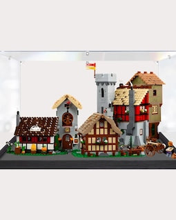 Acrylic Display Case For Medieval Town Square 10332 Brick Model - Transparent Dust Guard Wood Base 50X40X30 Cm