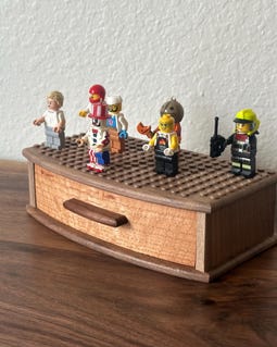 Handcrafted Wooden LEGO-Compatible Desk Display Box with Drawer – Solid Walnut AFOL Minifigure Storage – Adult Building Brick
