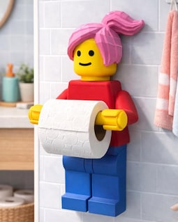 Block Figure Toilet Paper Holder with Ponytail 3D Printed Funny Kids Bathroom Decor