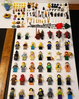 Huge MEOW Minifigure & Accessory Lot Mixed City, Pirate, Ninjago Spinners Weapons, Hair Pieces, Helmets Bulk Build Set