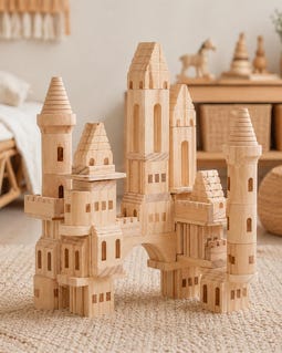 75-Piece Wooden Castle Building Blocks Set, Montessori Natural Wood Toy, Waldorf Construction Blocks, Open-Ended Kids Play