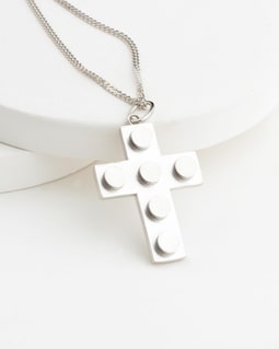 Sterling Silver 3x4 Building Block Cross Pendant – Unique Compatible Brick Design Charm