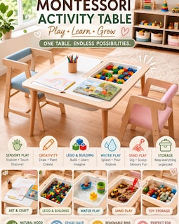 Montessori Sensory Table with Storage and Chairs, Natural Wood Activity Table