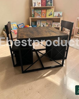 Daycare Table Set, White Wood with Storage, Adjustable Chairs for Kids