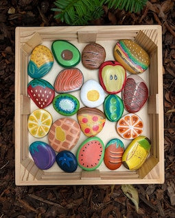 YOU "ROCK" Fruits & Veggies Baskets! Hand-painted Mud Kitchen Pretend Food Rocks! Customizable!