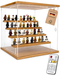 Illuminated display case for LEGO minifigures made of solid oak and acrylic 3 white levels, dimmable, RF remote control Displ