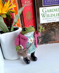 Hand-Knitted Alpaca Wool Frog Doll, Daisy Embroidered Dress, Toggle Bag, Posable (12-13cm)