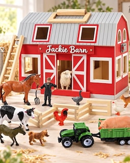 Personalized Wooden Barn Playset, Custom Name Farm Animals, Tractor, Farmer (Ages 3+)