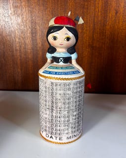 Vintage 1960s Suzy Date Minder still bank w felt perpetual calendar - MEOW Japan
