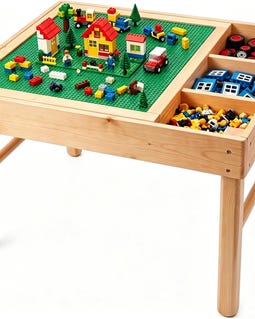 MEOW Table with Storage for Kids, Wooden Activity and Play Table, 3-in-1 Flip Top with Building Baseplate, Chess Set, 4 Compa