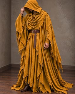 Handmade Yellow Cotton Hooded Cloak Distressed Wizard Robe Halloween Cape Costume Cosplay Gift for Enthusiasts with Belt