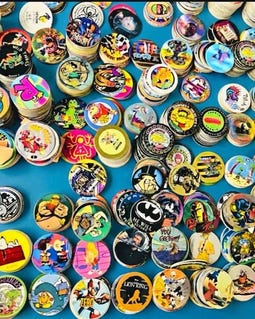 85 Vintage 1990s POGs Collection with Metal & Plastic Slammers Retro 90s Game Toy Lot