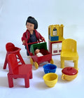 Lego Duplo Doll Marie & Baby Polka Dotted Dress: Pram, High Chair, T-Pot & Cups