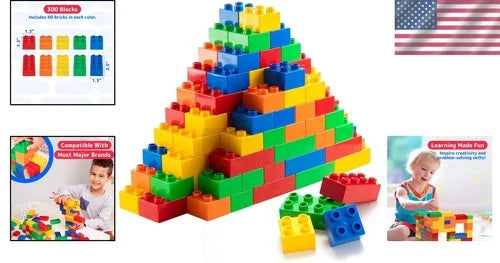 Jumbo Building Blocks for Toddlers: 300 PC Mega Bricks, 5 Colors, STEM Toy, C...