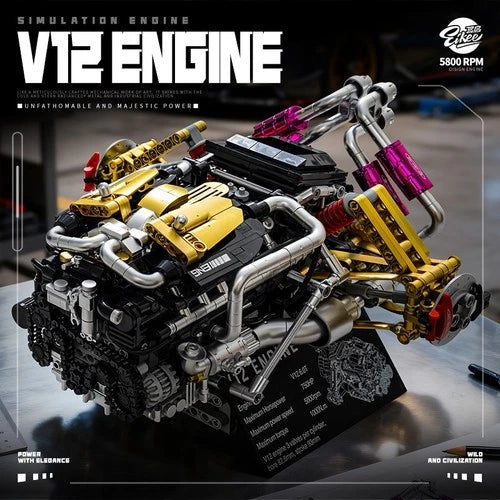 V12 DOHC Motorized Engine Building Blocks with Suspension Demo 1602 Pieces