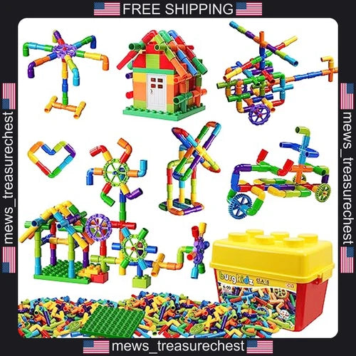 Kids STEM Building Set 188 Pcs Water Pipe Blocks with Wheels & Baseplate