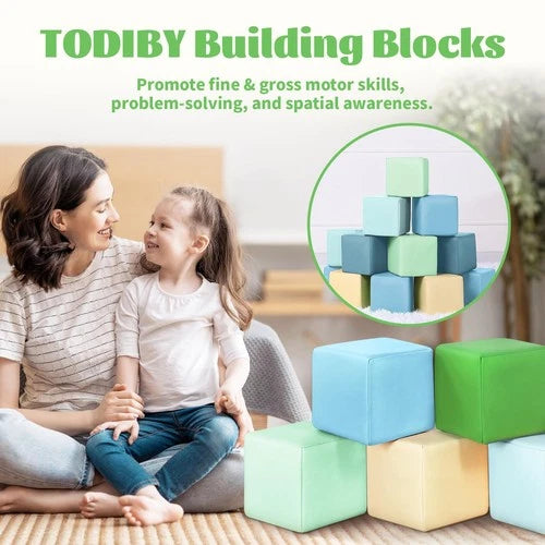 Foam Building Blocks for Toddlers：12-Pieces Wipeable Leather Stacking Cubes K...