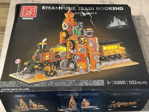 Steampunk Train Bookend Building Block Set, 1252pcs Creative Bricks with Light