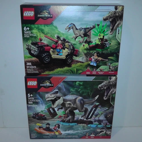 LEGO Jurassic World Rebirth 76975, 76972 T. rex River & Raptor Off-Road Escape