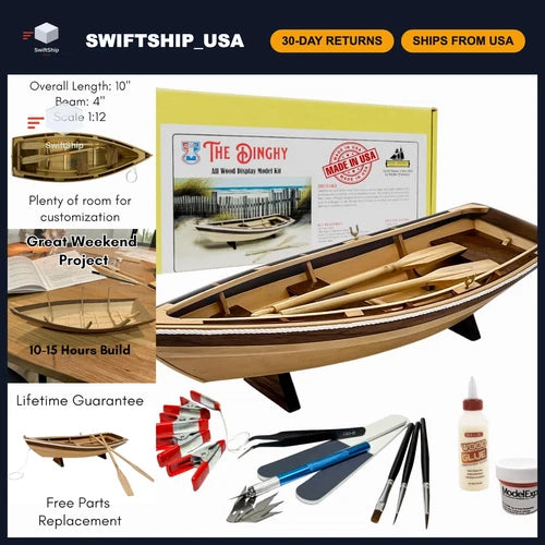 Complete Wooden Model Boat Kit - DIY Dinghy Building Set with Tools, Glue & Pain