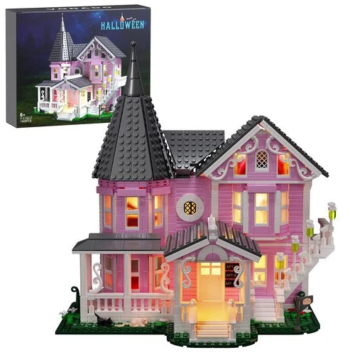 Pink Palace House Building Set with Lights, Halloween Haunted House Blocks Toy,