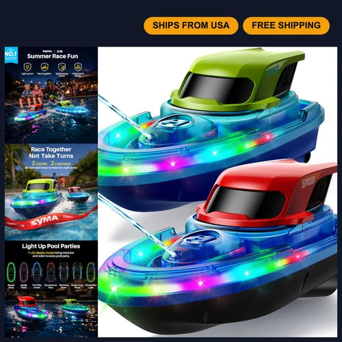 2 Pack RC Boats for Kids - LED Lights, Water Spray, 40 Min Playtime, Fun Toy