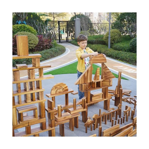 Large Vintage Solid Carbonized Wooden Building Blocks Set for Kids 3-12 Outdo...