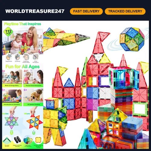 Magnetic Building Tiles Set - 112 PCS 3D STEM Construction Blocks for Kids 4-8