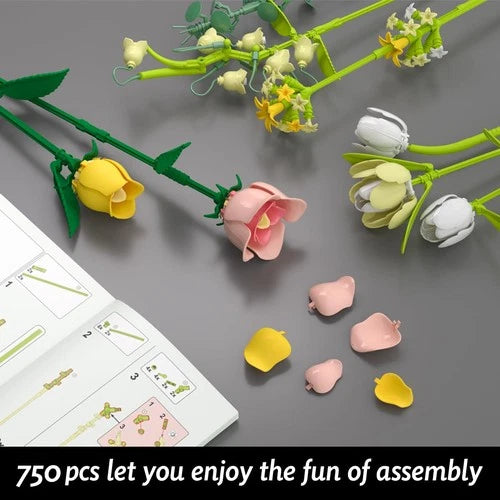 Tulip Rose Flowers Bouquet Building Set Valentines Gifts Compatible with Leg...