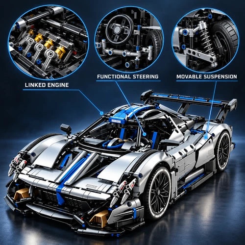 KAVOWORLD 3526PCS 1:8 Silver Blue Sports Car Building Blocks Model Toy Kit