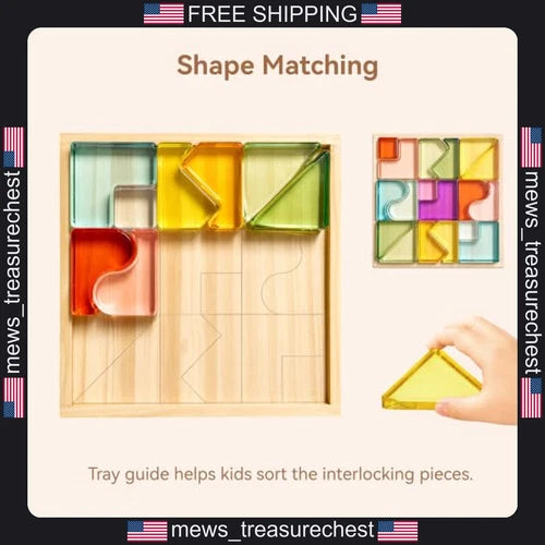 Kids Rainbow Building Blocks Set with Wooden Base, 18 Acrylic Shapes, 10 Colors