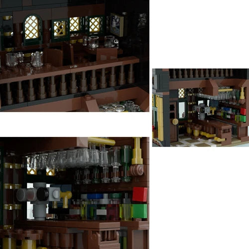 Classic Town Pub Building Blocks Model Wood & Gold Theme MOC Set Toy 945 Pieces