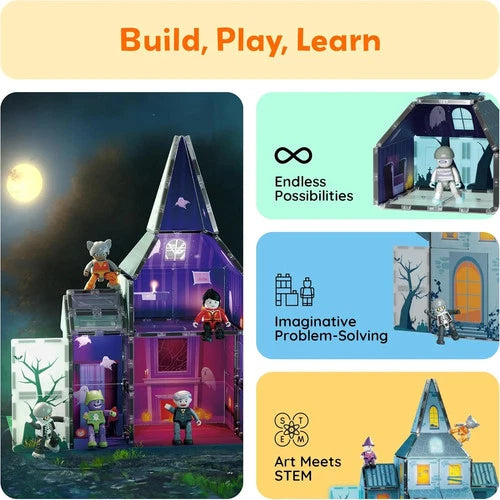 PicassoTiles 57 PCS Magnetic Tiles Halloween Haunted House STEM Set Ages 3+ 8