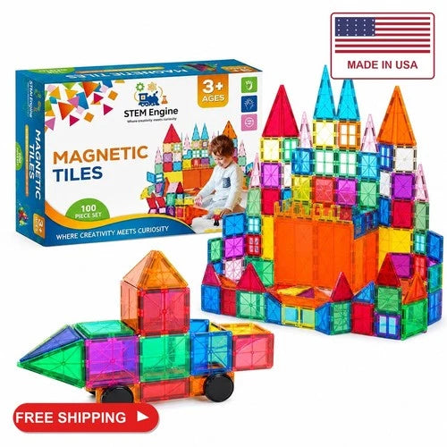 100 Pc Magnetic Tiles Building Blocks Set for Kids Magnet Tiles