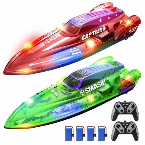 DEERC 2 Pack 13 inch Remote Control Boat for Kids, 4 Batteries, LED Lights \| 2.4
