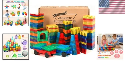 220Pc Magnetic Building Blocks Toy - 3D Shapes, STEM Learning, Ages 3+