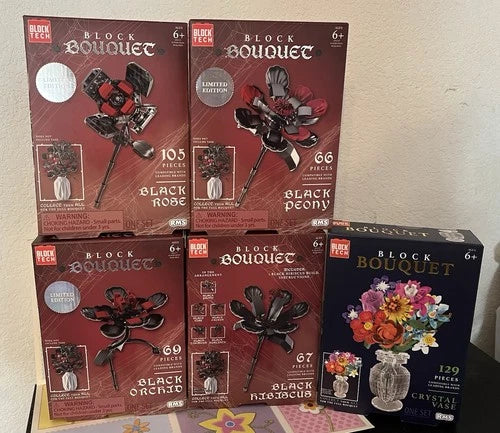 Block Tech Block Bouquet, Black Rose,Peony,Hibiscus, Orchid, & Crystal Vase NIB