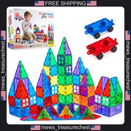 Magnetic Tiles Set for Kids 100 Pieces STEM Building Blocks with Cars and ABC