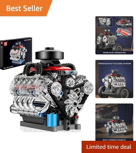 Build Your Own Mini V8 Engine Kit - 487 Pcs STEM Model for Teens & Adults