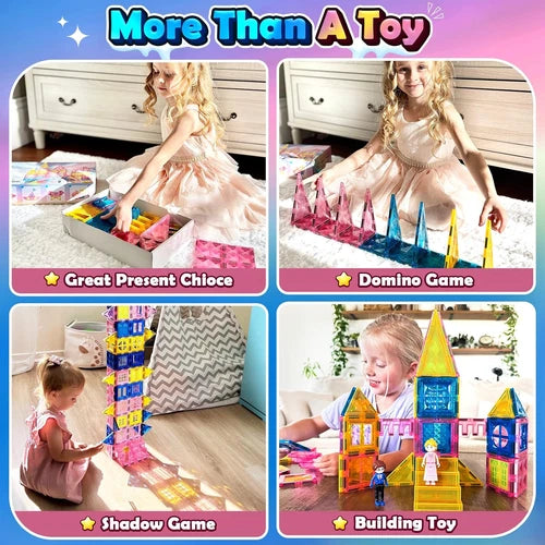 Magnetic Tiles 102Pcs with 2 Stairs 2 Dolls Princess Castle Kids Ages 3-12