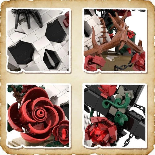 Gothic Raven Skull Rose Building Set - 998pcs Skull Decor with Flowers & Cros...