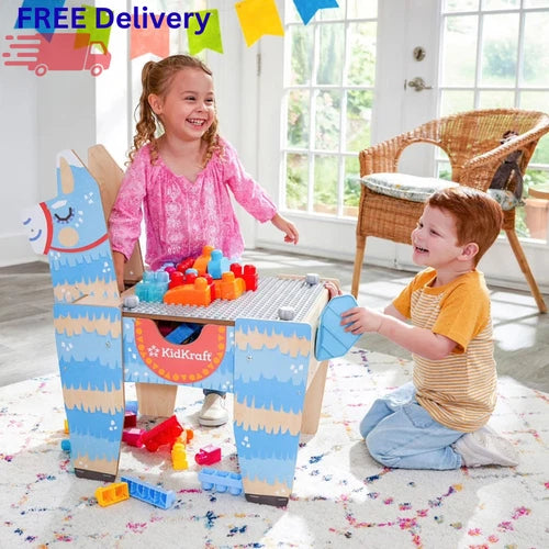 KidKraft Llama Pinata Wooden Building Bricks Table with 50 Blocks Play Activity