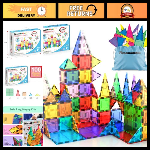 100-Piece Magnetic Building Tiles Set, Clear 3D Blocks for Kids Age 3+, STEM Toy