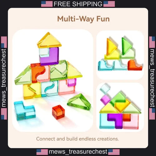 Kids Rainbow Building Blocks Set with Wooden Base, 18 Acrylic Shapes, 10 Colors