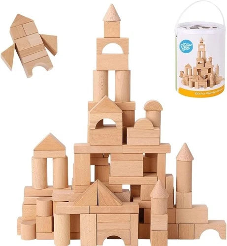 Pidoko 100 Pcs Wooden Building Blocks - Educational and Safe for Toddlers