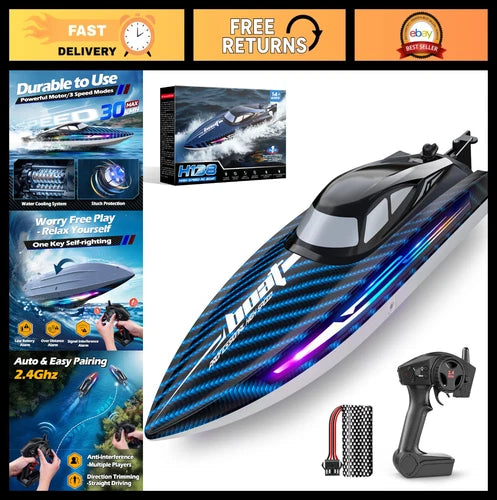 30KMH Waterproof RC Boat - Fast Electric Remote Control, 7 LED Modes, Self-Right